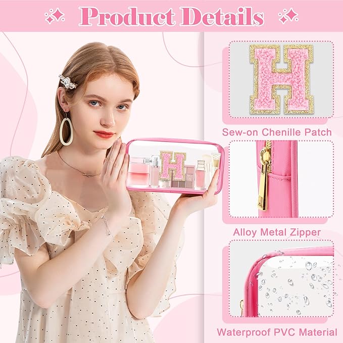 Personalized Initial Letter Clear Makeup Bag,Preppy Small Nylon&PVC Cosmetic Zipper Bag with Chenille Letter,Portable Beach Travel Skincare Toiletry Bag,Trendy Monogram Gift for Teen Girls Women,H