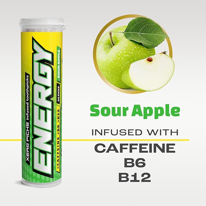 Xero Picks Energy Caffeine Flavored Toothpicks B12 for Focus & B6, 60 Picks (Pack of 3) (Sour Apple) Sugar-Free Alternative to Energy Mints & Gum - Kosher