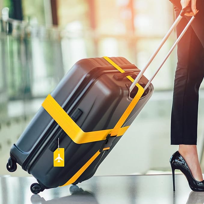 Weewooday 8 Pcs Luggage Straps Suitcase Tags Set for TSA Approved, 4 Travel Adjustable Suitcase Belt, 4 Silicone Luggage Tags with Name ID Card Travel Accessories(Yellow,Airplane)