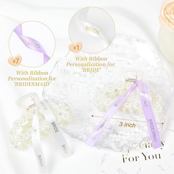 DEEKA Bridesmaid Proposal Gifts 8 Pack Pearl Bridesmaid Hair Claw Clips with Ribbon 3 Inch Hair Clips Bachelorette Party Favors Bridal Party Present Hair Accessories (Half Circle White&Purple)