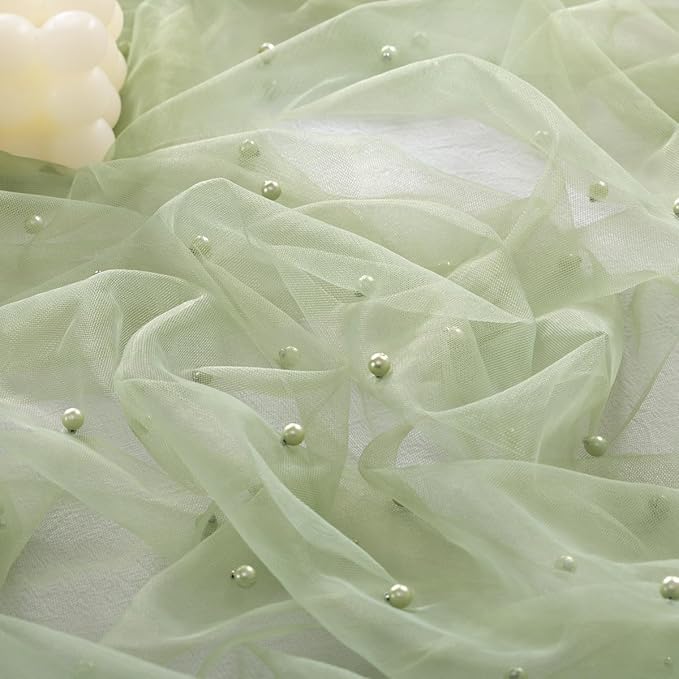 Socomi Pearl Table Runner Tulle Sage Green Summer Cheesecloth 10FT Gauze Cheese Cloth Sheer Chiffon Dining Wedding Birthday Party Baby Shower Bridal Anniversary Holiday Centerpiece Table Decor