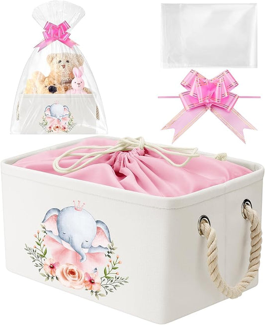 Pickmesh Baby Shower Storage Basket with Gift Bags Rectangular Ribbons Collapsible Canvas Storage Bin with Handles for Diaper Organizing Toy Home DIY Gift Basket, 13 x 9. 1 x 7. 1 Inch(Pink Elephant)