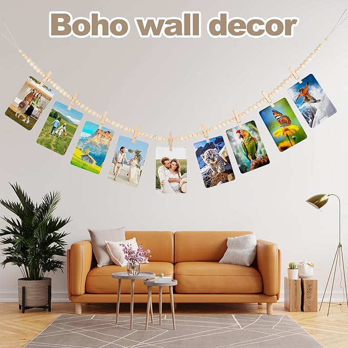 2 Pack Hanging Photo Display with Clips, Boho Wooden Bead Garland Wall Decor, Collage Picture Frame String with 9 Clips for Bedroom Living Room Dorm Office, Christmas Birthday Gifts for Teen Girls