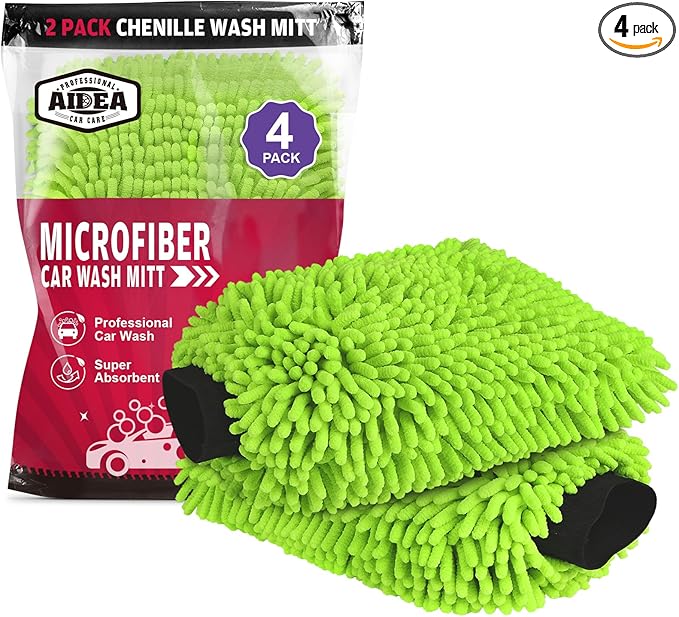 AIDEA Car Wash Mitt Microfiber, 4PK Scratch Free Lint-Free, Premium Chenille Microfiber Mitt Car Wash Brush, Green, Regular Size 7.12''X10.14''