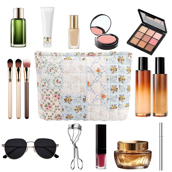 ZLFSRQ Cotton Quilted Makeup Bag for Women Floral Makeup Bag Cute Cosmetic Bags Large Travel Toiletry Bags Zipper Cosmetic Pouch for Purse Gift Portable Aesthetic Skincare Storage Organizer Pouches