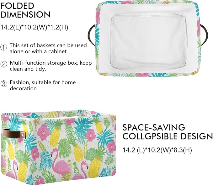 Aslsiy Storage Basket Summer Flamingo Hibiscus Nursery Bins Tropical Leaf Pineapple Baby Toys Box Canvas Clothes Shelf Basket Laundry Hamper Gift Basket for Home Closet 2 Pcs