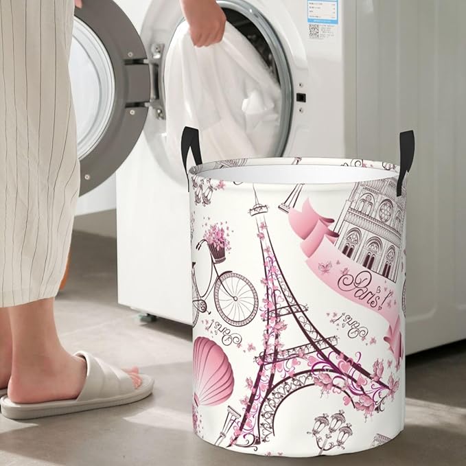 Paris Eiffel Tower Round Laundry Hamper Storage Basket Toys Clothes Organizer Bin For Home Bathroom Bedroom Dorm Nursery, 38l