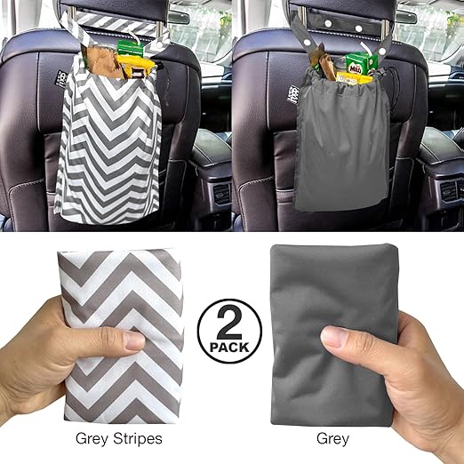 2 Pack Leakproof Car Trash Bags Detachable Waterproof Garbage Bags with Drawstring Hanging Organizer for Back Seat & Travel Grey