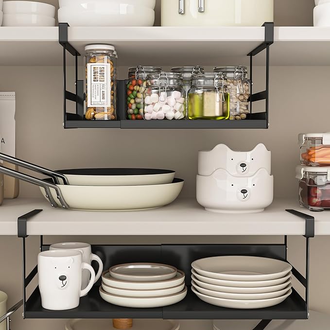 SHINEWON Expandable Under Cabinet Shelf Organizer with 0.94-Inch Thick Clips, Heavy Duty Extendable Under Shelf Storage Basket for Pantry or Laundry Room, Black, 2 Pack, Interior: 5.7" H x 8.54" D