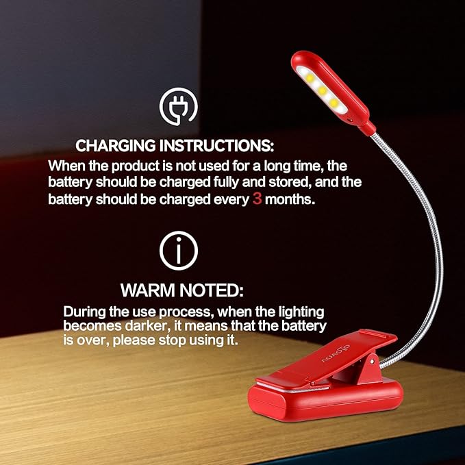 VAVOFO Rechargeable Book Light for Reading in Bed Kids, 7 LED Reading Light with 9-Level Warm Cool White Daylight, Eye Care Lamp with Power Indicator for Bookworms (Red)