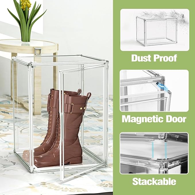 XX-Large Acrylic Display Case 11.4'' x 9.8'' x 15.3'', Boot Boxes for Tall Boots Size 15, Large Sneaker Shoe Box Clear Stackable Storage Boxes for Collectibles Handbag Organizer with Magnetic Lids