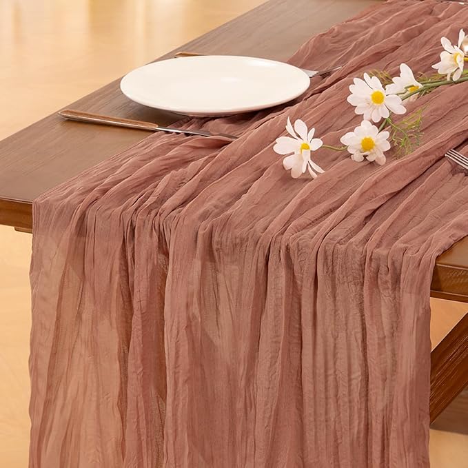 Socomi 3pcs Dusty Rose Summer Cheesecloth Table Runner Boho Rustic Gauze 120 inch 10FT Cheese Cloth Sheer Runner for Wedding Party Baby Shower Birthday Home Decor Holiday Decorations