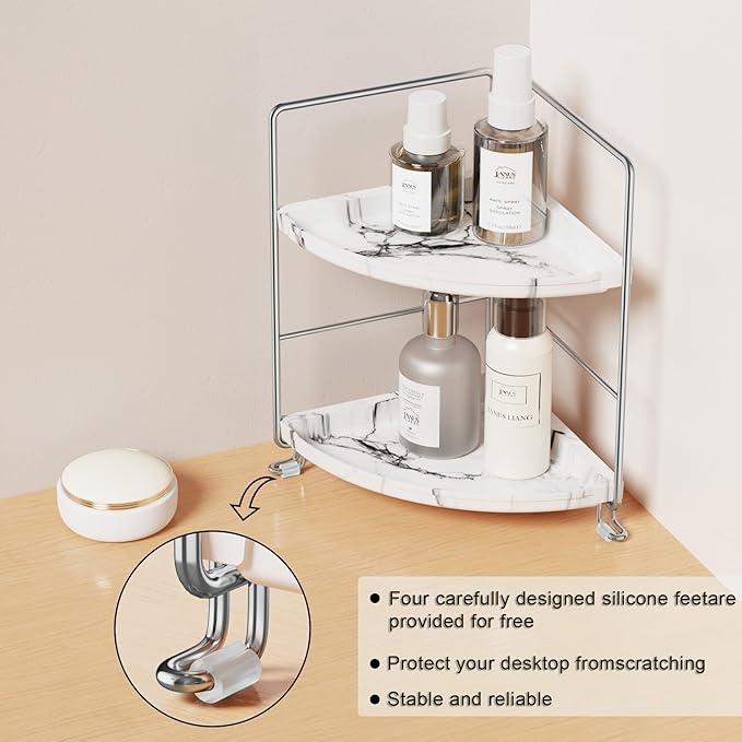 2-Tier Corner Bathroom Organizer, Countertop Perfume Makeup Shelf Cosmetics Storage Shelf Display Rack Vanity Shelf,Kitchen Spice Rack,PP Imitation Marble Design,Tool-Less Install(Silver)