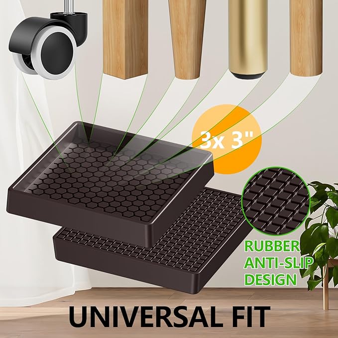 Non-Slip Furniture Pads - 3"x3" Square Anti-Skid Caster Cups Furniture Coasters, Anti-Sliding Grippers Floor Protectors for Furniture Bed, Couch, Chair Leg, Brown (Set of 8)