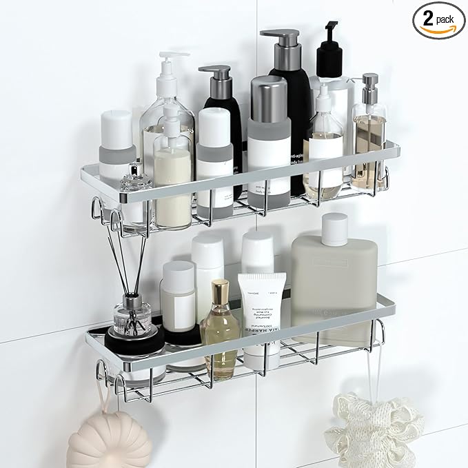 Shower Caddy Organizer with Hooks, Self Adhesive Bathroom Shelves, No Drilling Bathroom Organizers and Storage, Perfect for RV, Apartment, Home Decor, 2 Pack Silvery