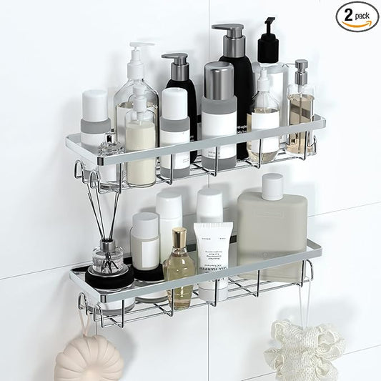 Shower Caddy Organizer with Hooks, Self Adhesive Bathroom Shelves, No Drilling Bathroom Organizers and Storage, Perfect for RV, Apartment, Home Decor, 2 Pack Silvery