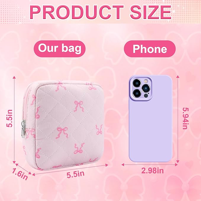 Small Quilted Cotton Makeup Bag for Purse Mini Cosmetic Period Bag for Women Cute Pink Bow Ribbon Makeup Sanitary Pouch Portable Travel Toiletry Bags with Zipper Christmas Birthday Gifts