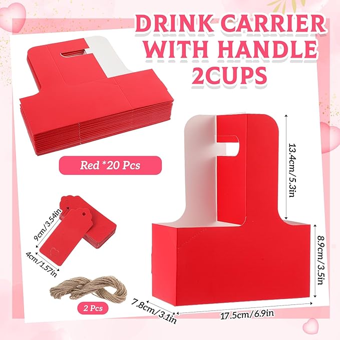 MotiMind 20 Pack Mother's Day 2 Cup Drink Carrier with Handle, Kraft Paperboard Teacher Cup Holder Portable for Hot Cold Drinks, Coffee Carrier Gift with Heart Card Rope (Red)