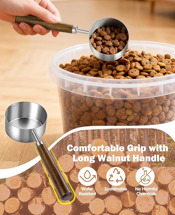Stainless Steel Dog Food Scoop, Dog Food Measuring Cup With Measuring Lines (Cup/ML) & Long Wooden Handle, Metal Pet Food Scoop For Dogs, Cats and Kitchen Use, Dishwasher Safe (1/4 CUP)