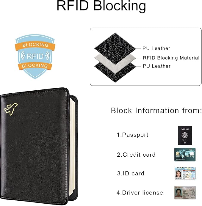 WALNEW Passport Holder for Travel, RFID Passport Cover Wallet for Women Men, PU Leather Passport Book Card Holder Case with Pen, Travelling Essentials for Flying