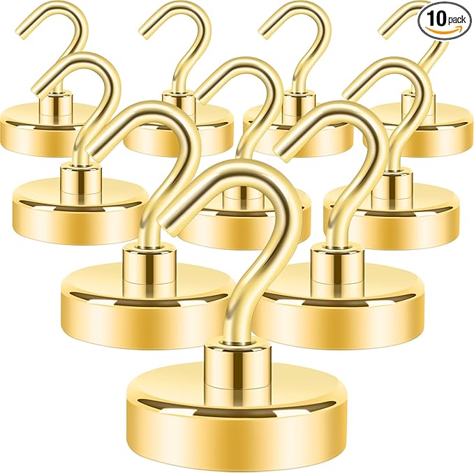 Neosmuk Magnetic Hooks, Heavy Duty 85lb+ Strong Magnet Hook for Cruise Cabins, Cruise Ship Essentials for Hanging, Metal Wall Refrigerator Hangers (Golden, 10 Pack)