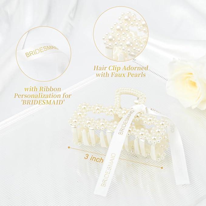 8 PCS Pearl Bridesmaid Gifts Rectangle Hair Claw Clips with Ribbon 3 Inch Hair Hccessories for Wedding Bachelorette Party Favors