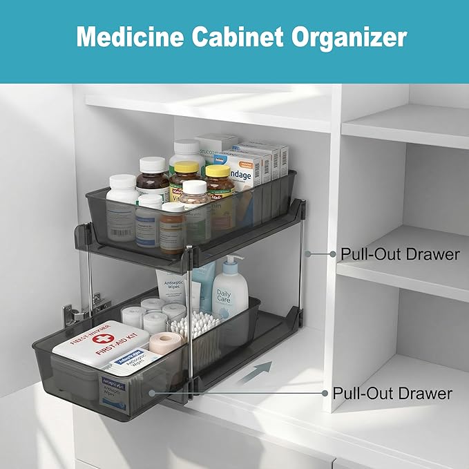 2 Pack 2 Tire Under Sink Organizer, Bathroom Organizers and Storage,Cabinet Drawers Bins, Pull-Out Organization with Track for Pantry, Kitchen,Fridge,Vanity Countertop (Black Clear