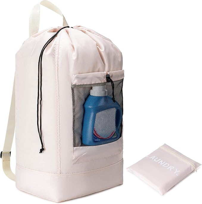 Backpack Laundry Bag, Large Travel Laundry Bags with Shoulder Straps and Mesh Pockets, Laundry Backpack with Drawstring Closure for College, Travel, Dorm, Apartment, Laundromat (Khaki)