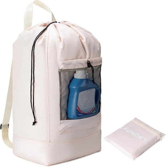 Backpack Laundry Bag, Large Travel Laundry Bags with Shoulder Straps and Mesh Pockets, Laundry Backpack with Drawstring Closure for College, Travel, Dorm, Apartment, Laundromat (Khaki)