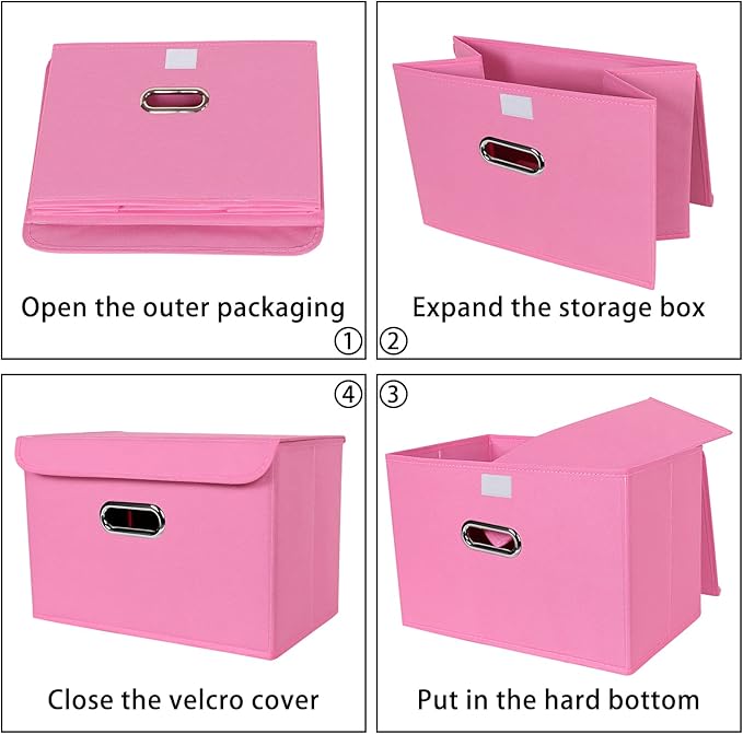 Linen Fabric Foldable Collapsible Storage Cube Bin Organizer Basket Fabric Storage Bins with Lid, Leather Handles, Removable Divider for Home, Closet, Pink 3Pcs