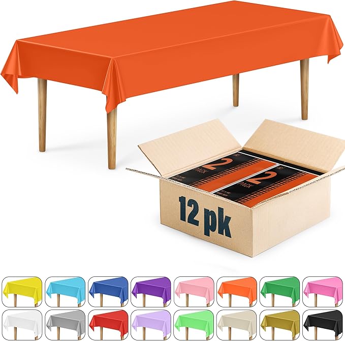DecorRack 12 Rectangular Tablecloths BPA-Free Plastic, 54 x 108 inch, Dining Table Cloth, Rectangle Table Cover for Parties, Picnic, Camping and Outdoor, Disposable or Reusable, Orange (12 Pack)
