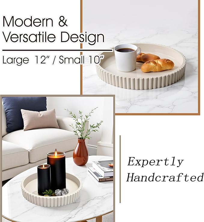 Modern Table Round Decorative Trays 2pcs Home Decor - Circle Coffee Table Centerpiece Set 12"/10" - Wooden Warm Grey Ottoman Tray with Fluted Edge