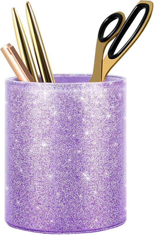 WAVEYU Pen Holder for Women Girls, Pencil Cup Desk Glitter Sturdy Makeup Brush Holder Large Pu Leather Luxury Multi-Functional Organizer Cup for Office, Classroom, Home, Purple