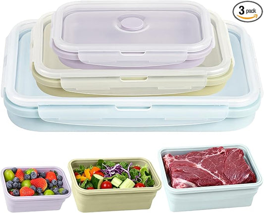 Large Collapsible Food Containers with Lids for Camping & Travel | Leak-Proof Silicone Storage Bowls,2000ml/1200ml/800ml, Dishwasher, Microwave Freezer Safe, Set of 3