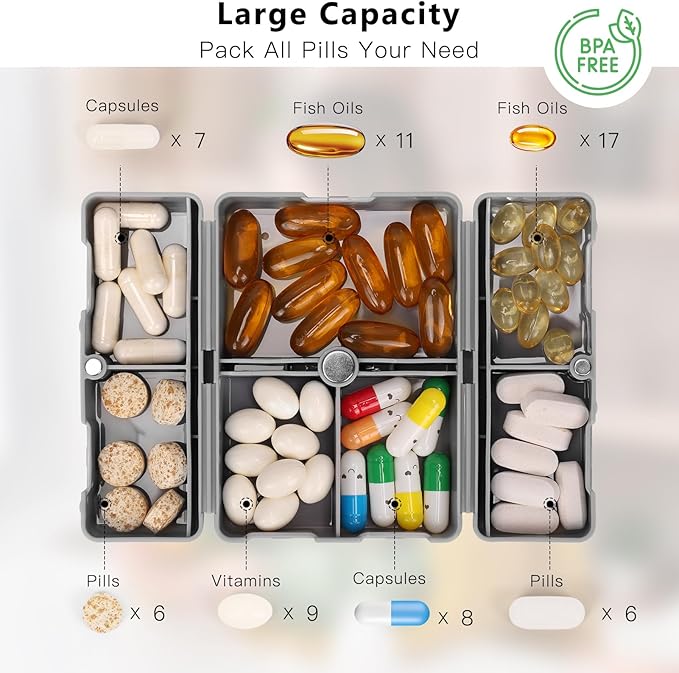 FYY Daily Pill Organizer, 7 Compartments Portable Pill Case Travel Pill Organizer,[Folding Design] Pill Box for Purse Pocket to Hold Vitamins,Cod Liver Oil,Supplements and Medication-Grey