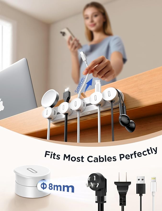 5-in-1 Magnetic Cord Organizer JOYROOM Cable Clips [Adjustable Sliding Track] Under Desk Adhesive Cord Management Wire Keeper for Computer Phone, Office Workspaces Table Organization Home Accessories