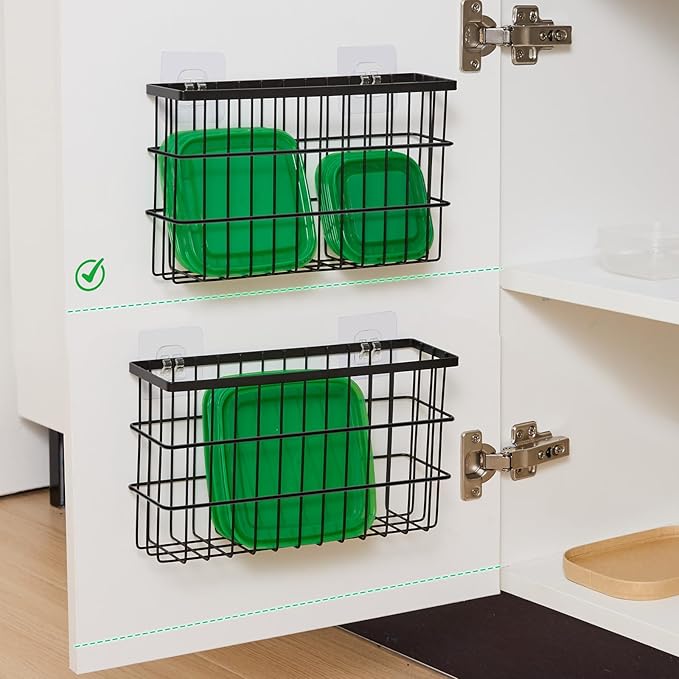 2 Pack Cabinet Door Organizer,Self Adhesive Lid Organizers Inside Cabinet Storage Boxes,Hanging Storage Basket Organizer Wall Mounted Pantry Caddy Cup Holder for Kitchen,Fridge,Bathroom (Black)