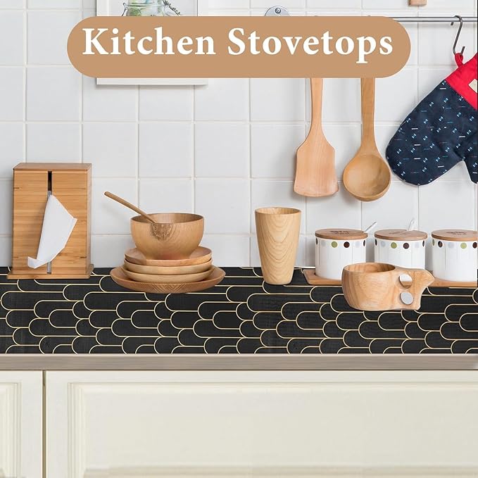 Shelf Liners for Kitchen Cabinets Drawer Liner 12in x 30FT Non Adhesive Black Gold Line Thickened Refrigerator Shelf Liner Paper Strong Easy to Clean for Tool Box with Knife and Tape Measure