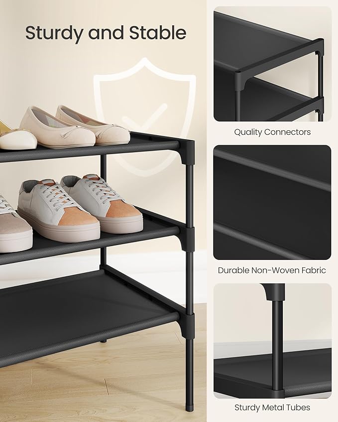 SONGMICS Shoe Rack, 4-Tier Shoe Storage Organizer, Space-Saving, 11.7 x 16.5 x 26 Inches, Entryway, Metal Frame, Non-Woven Fabric Shelves, Ink Black ULSH014BH01