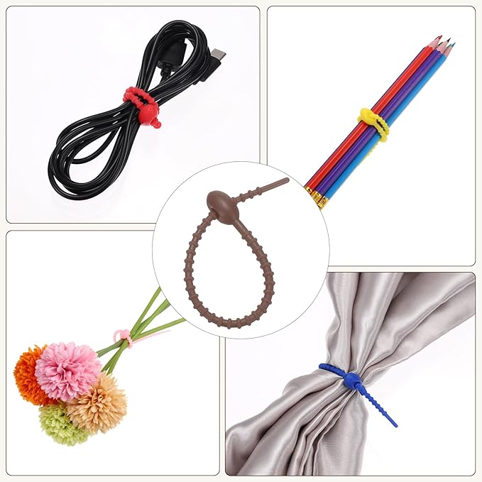 PATIKIL 6 Inch Silicone Cable Ties, 20pcs Rubber Reusable Twist Zip Ties Organizer for Home Office Kitchen Food bags Wires Adjustable Bag Clip, Brown