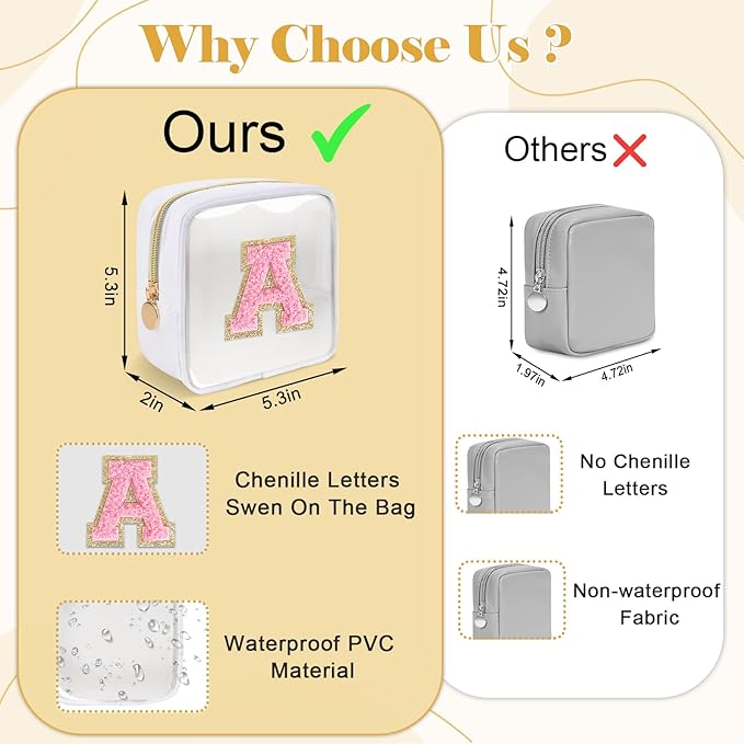 Personalized Initial Letter Clear Preppy Makeup Bag,Mini Nylon Chenille Letter Cosmetic Bag Cute Zipper Pouch Purse for Teen Girls,Portable TSA Approved Beach Travel Essentials Bag Gift for Women,N