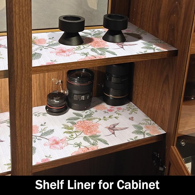 Bird Floral Shelf Liners Non Adhesive and Strong Non-Slip 12IN x 20FT Shelf and Drawer Liners for Kitchen Cabinet Wire Fridge, Waterproof Shelf Drawer Liner,Easy to Clean