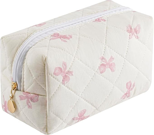HHQQWZ Makeup Bag Travel Cosmetic Bag for Women Girls, Zipper Make Up Pouch, Floral Flowers Toiletry Organizer Makeup, Portable Storage Bag, Cosmetic Travel Cloth Bag (Pink Bow Tie)