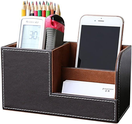 KINGFOM Desk Organizer Office Supplies Caddy Pu Leather Multi-function Storage Box Pen/Pencil,Cell phone, Business Name Cards Remote Control Holder Brown