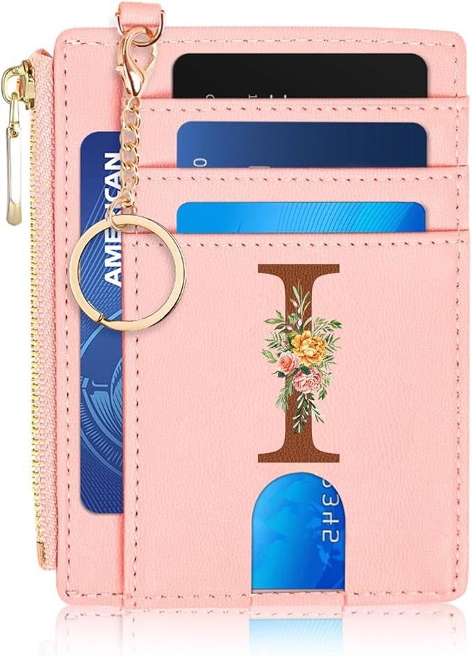 Slim Wallet for Women Slim Leather Card Case Holder Wallet Coin Change Purse with Keychain,Personalized Birthday Gifts for Women Her Freind Sister Girlfriend,Initial Letter I(Pink)