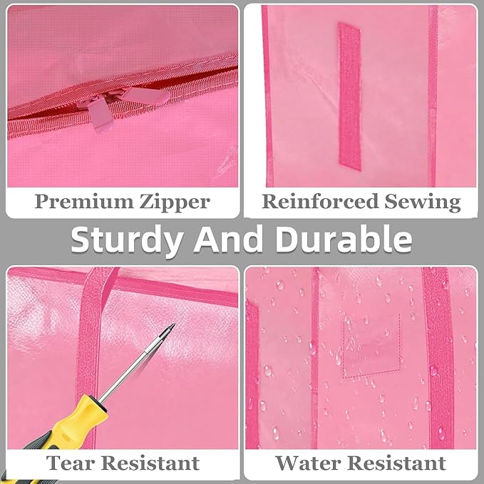 Extra Large Heavy Duty Moving Bags - Waterproof Storage Totes with Reinforced Handles & Zippers, Foldable for College Dorm Essentials, Clothes Storage & Travel (4-Pack Pink)