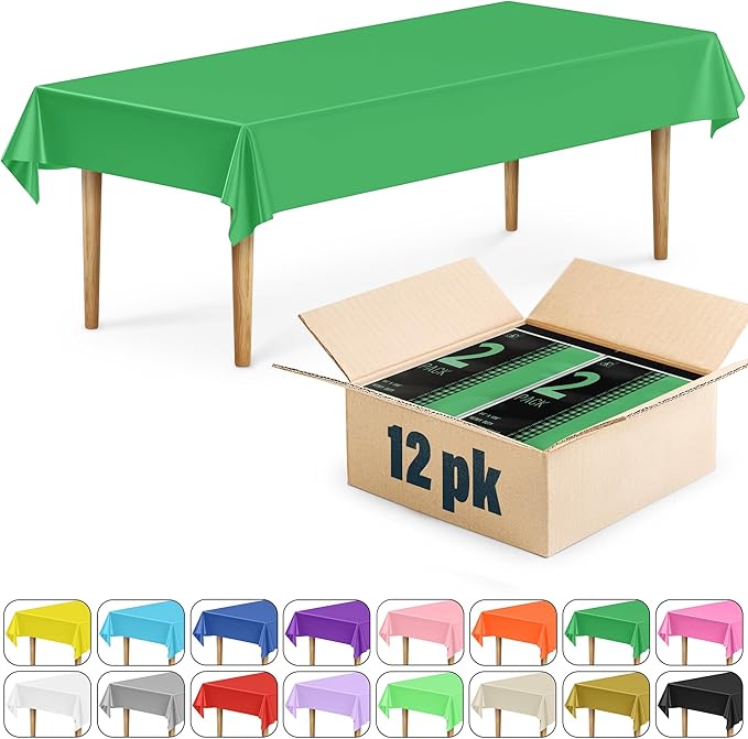 DecorRack 12 Rectangular Tablecloths BPA-Free Plastic, 54 x 108 inch, Dining Table Cloth, Rectangle Table Cover for Parties, Picnic, Camping and Outdoor, Disposable or Reusable, Green (12 Pack)