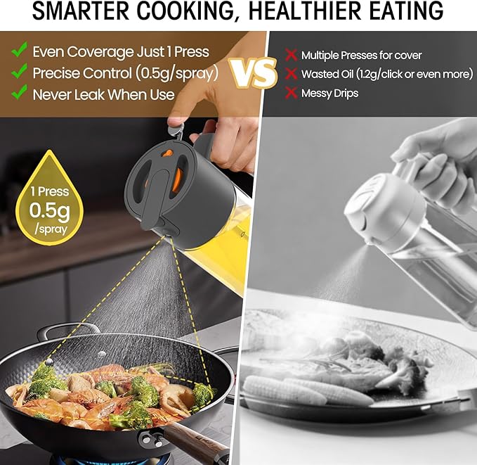 2 in 1 500ml/17oz Oil Sprayer for Cooking, 2026 Large Advanced Glass Olive Oil Dispenser Bottle w/stickers, Even Spray with Portion Control for Kitchen, Air Fryer, Salad, BBQ - Grey