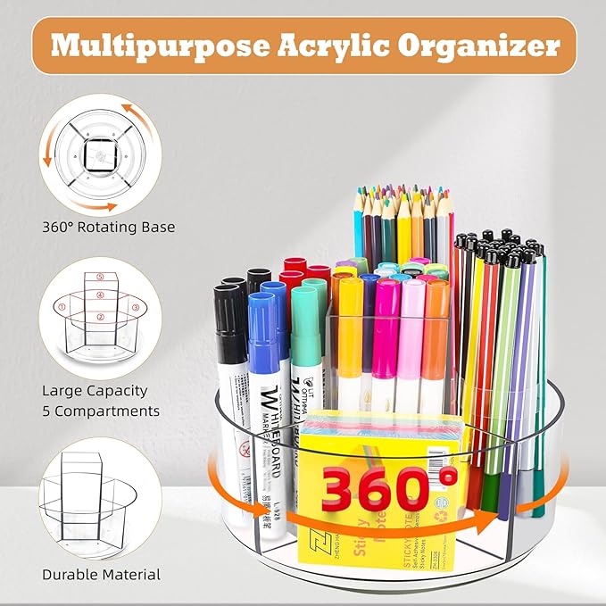 Rotating Acrylic Pen Holder for Desk, 360 Degree Spinning Pencil Holder Pen Organizer, 5 Compartments Kids Marker Holder Crayon Caddy Art Supply Storage Box Desk Organizer for Office Home School