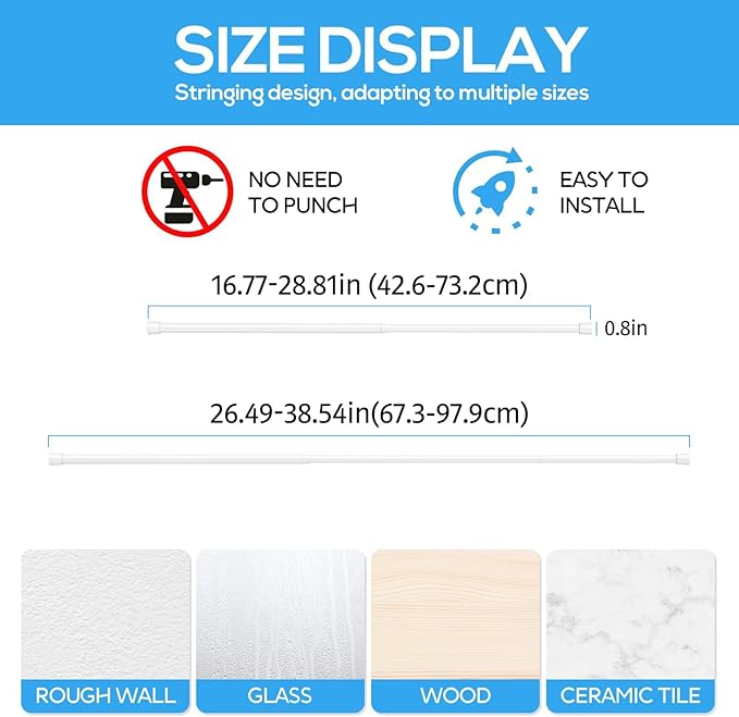 1 Pack Spring Tension Rods 17-38IN, 5/8 Inch Diameter White No Drill Spring Loaded Adjustable Extendable, Small Short Tension Curtain Rod for Windows Kitchen Doorway Closet Cupboard